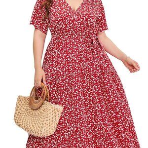Women Plus Size V Neck Wrap Maxi Dress Short Sleeves High Waist Ruffle Summer Ca